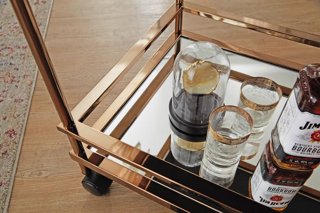 WOHNLING Design Servierwagen Dunkles Gold 2 Ebenen Mit Bremsen | Beistelltisch Auf Rollen | Speisewagen Mit Glasplatte | Küchenwagen | Teewagen – Bild 5