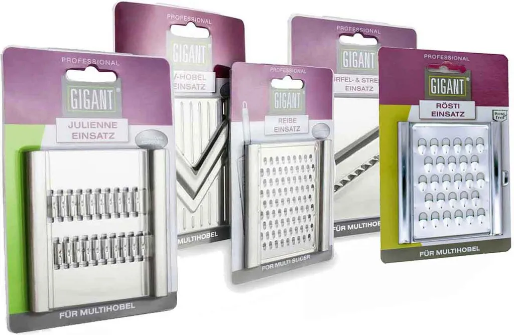 Muxel Gemüse-Hobel (Vierfachhobel) Mega-Set Mit 5 Zusätzlichen Einsätzen In Der Praktischen Multi-Box, Lila – Bild 5