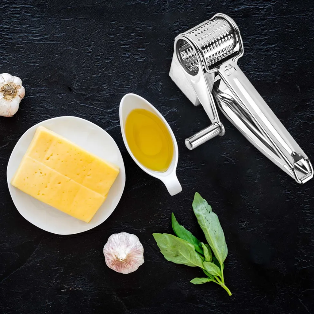 Trommelreibe Edelstahl Gemüse Käseschneider Manuelle Dreh Käsereiben Mit 3 Ersatzköpfen Kurbel 20*11*8.8cm – Bild 4