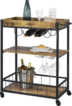 Servierwagen Barwagen Mit Flaschen- Und Glashalter Beistellwagen Allzweckwagen Rollwagen Schwarz/holzfarben [en.casa]