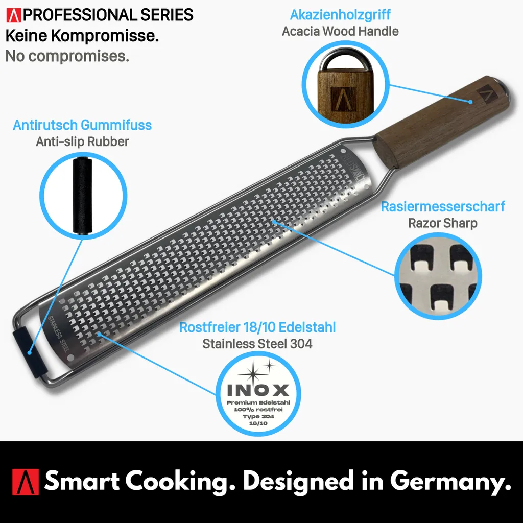 REDSALT® Premium Zester Edelstahl Reibe Mit Holzgriff | Rasiermesserscharfe Klinge | Küchenreibe Für Zitrone Ingwer Muskatnuss | Parmesanreibe Ingwerreibe Zitronenreibe Käsereibe – Bild 2