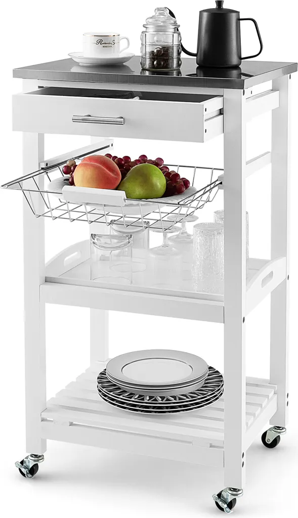 COSTWAY Kleiner Küchenwagen, Servierwagen Auf Rollen, Arbeitsplatte Aus Edelstahl, Schublade, Korb & Abnehmbarem Serviertablett, Rollwagen Kücheninsel, Küchentrolley Landhausstil Weiß, 47x39x85cm