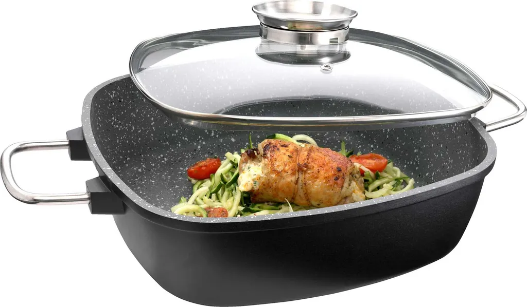 GSW Viereckbräter Gourmet GRANIT 28 X 28 X 8,5 Cm , Aluminium, Edelstahl, Glas, Viereckbräter Mit Aroma-Glasdeckel ø Ca. 28 X 28 X H 8,5cm – Bild 6