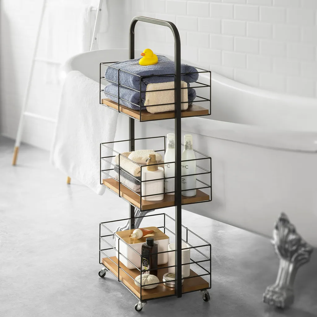 SoBuy NSR06-N Rollregal Mit 3 Körben Bad Wagen Badregal Küchenregal Rollbar Standregal Mit Griff Rollwagen Metall – Bild 2