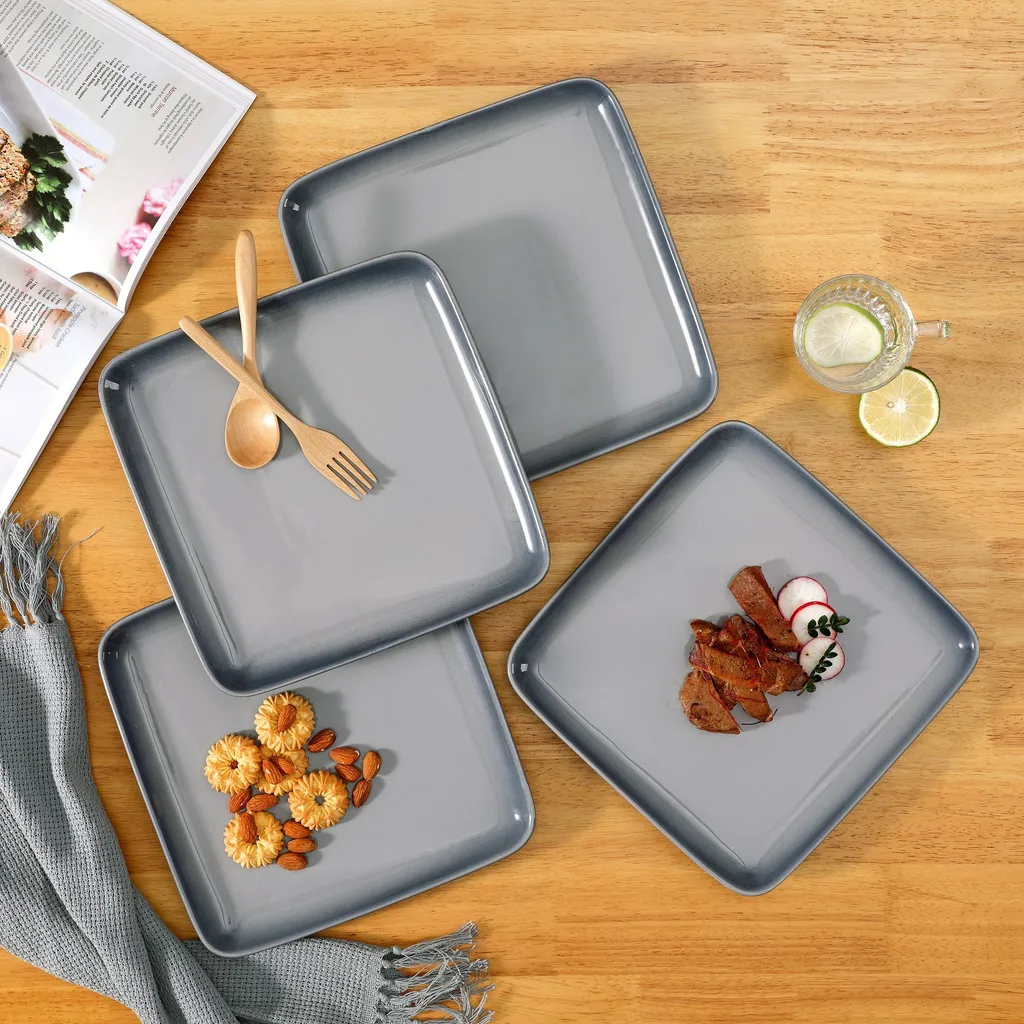 LOVECASA Tafelservice, 4-tlg Set Quadratische Speiseteller Aus Steingut, Flachteller, Frühstücksteller Für 4 Personen, Grau – Bild 7