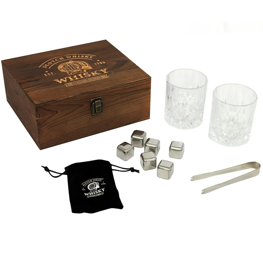 Whisky Geschenk-Set Mit 2 Gläsern, Eiswürfeln Aus Edelstahl, Zange, Samtbeutel In Einer Schönen Holzbox – Bild 3
