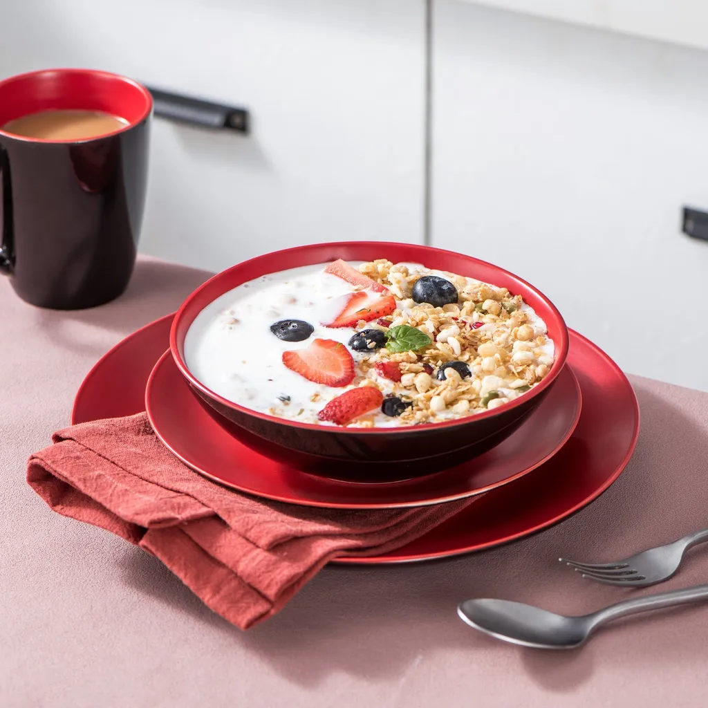 Vancasso Tafelservice Steinzeug, Allegro 16 Teiliges Essgeschirr Kombiservice, Handbemaltes Geschirrset Für 4 Personen, Vintage Rot – Bild 6