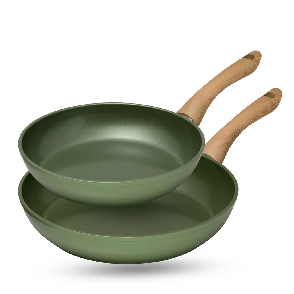 JUST VEGAN Aluminium-Pfannen Set, 2-tlg, Mit Pflanzlicher Keramik-Antihaftbeschichtung Auf Basis Von Avocado-Öl In Grün.