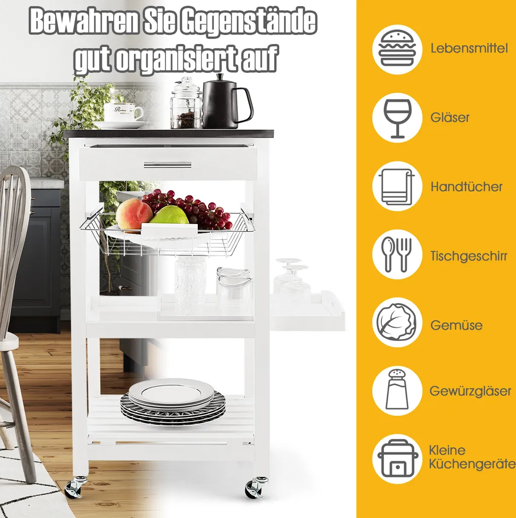 COSTWAY Kleiner Küchenwagen, Servierwagen Auf Rollen, Arbeitsplatte Aus Edelstahl, Schublade, Korb & Abnehmbarem Serviertablett, Rollwagen Kücheninsel, Küchentrolley Landhausstil Weiß, 47x39x85cm – Bild 3