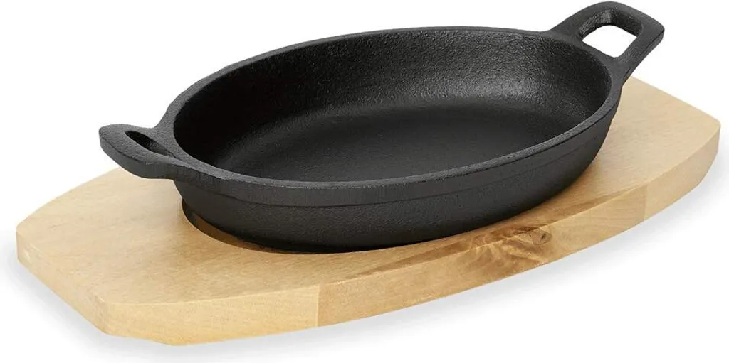 Bratpfanne / Servierpfanne Oval 24cm X 17cm Gusseisen Mit Holzuntersetzer