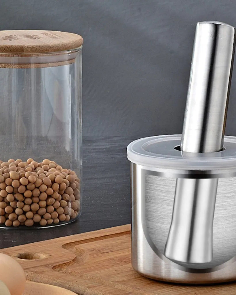 2er Set BAYLI Edelstahl Mörser Mit Stößel & Deckel - Massiver Gewürzmörser Für Die Küche - Bruchfeste Kräutermühle - Gewürzmühle Für Kräuter Und Gewürze - Tabletten Zerkleiner - Tablettenmörser – Bild 10