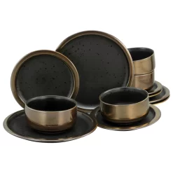 CreaTable 23594 Kombiservice Modern Industrial Für 4 Personen, Steinzeug, Schwarz/gold (1 Set, 12-teilig)