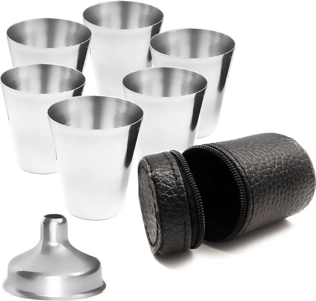 Outdoor Saxx® - 8-Teiliges Edelstahl-Becher Set, 6 Unzerbrechliche Schnaps-Becher, Schnaps-Gläser Aus Metall, Metall-Becher Mit Einfüll-Trichter Und Leder-Tasche, Ideales Flachmann-Zubehör – Bild 4