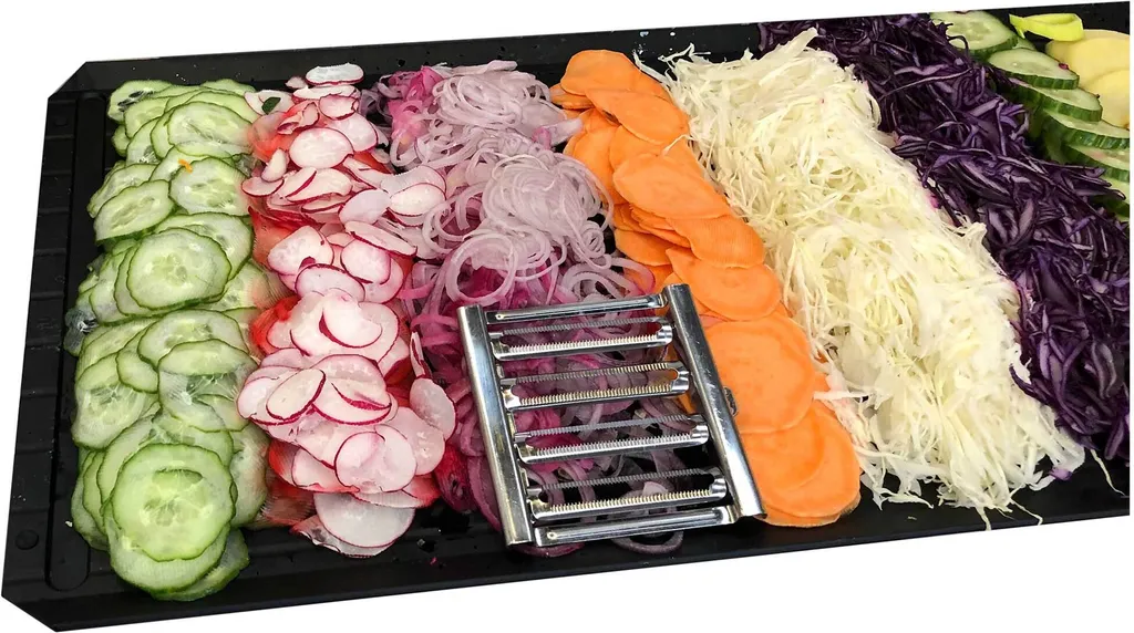 Muxel Gemüse-Hobel (Vierfachhobel) Mega-Set Mit 5 Zusätzlichen Einsätzen In Der Praktischen Multi-Box, Lila – Bild 7