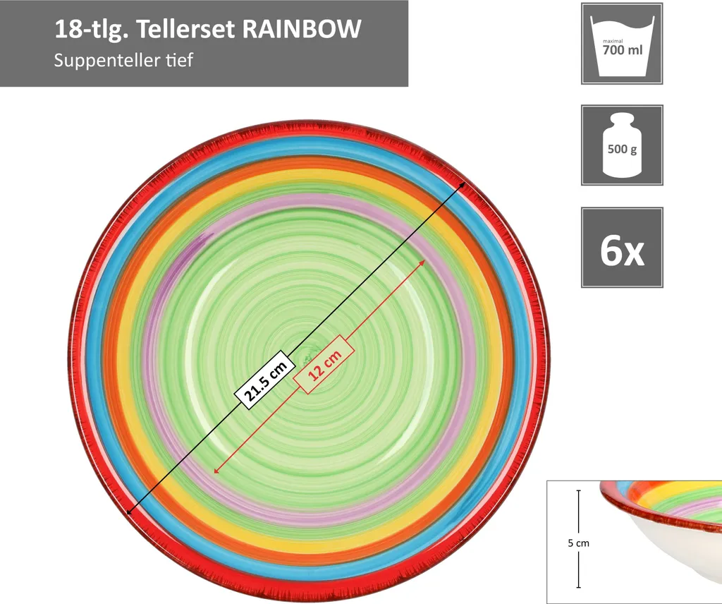 Tellerset Rainbow 18-tlg. 6 Personen Steingut Tafelservice Dessertteller Speiseteller Suppenteller – Bild 4