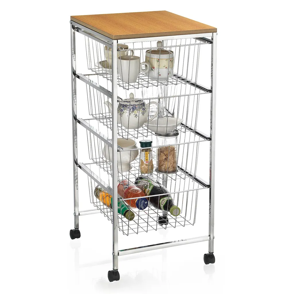 Servierwagen RONJA Küchenwagen Küchentrolley Beistellwagen Verchromt Auf Rollen, 4 Drahtkörbe – Bild 3