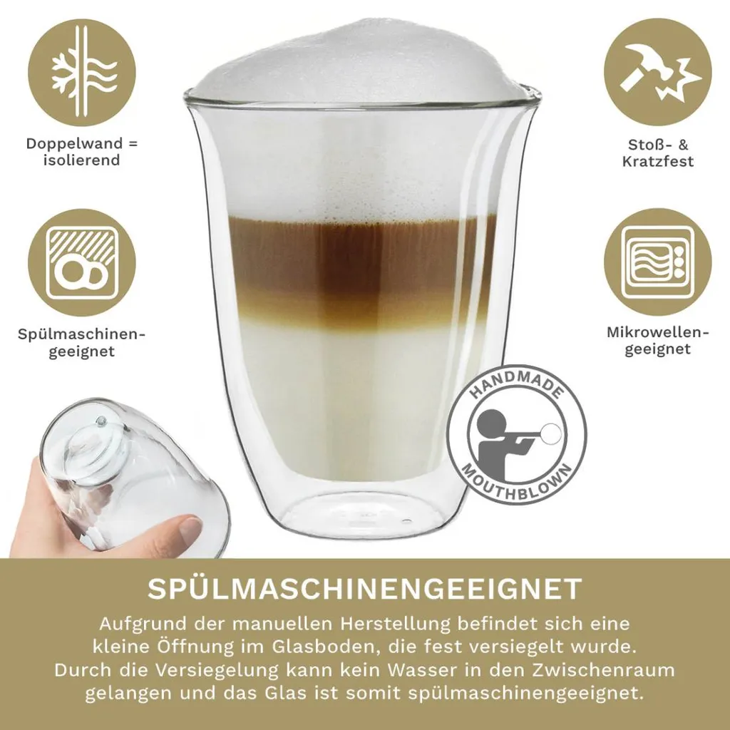 Creano Doppelwandige Gläser 250ml „DG-V“, 2er Set, Thermoglas Doppelwandig Aus Borosilikatglas, Kaffeegläser, Teegläser, Latte Gläser, Doppelwandgläser – Bild 3
