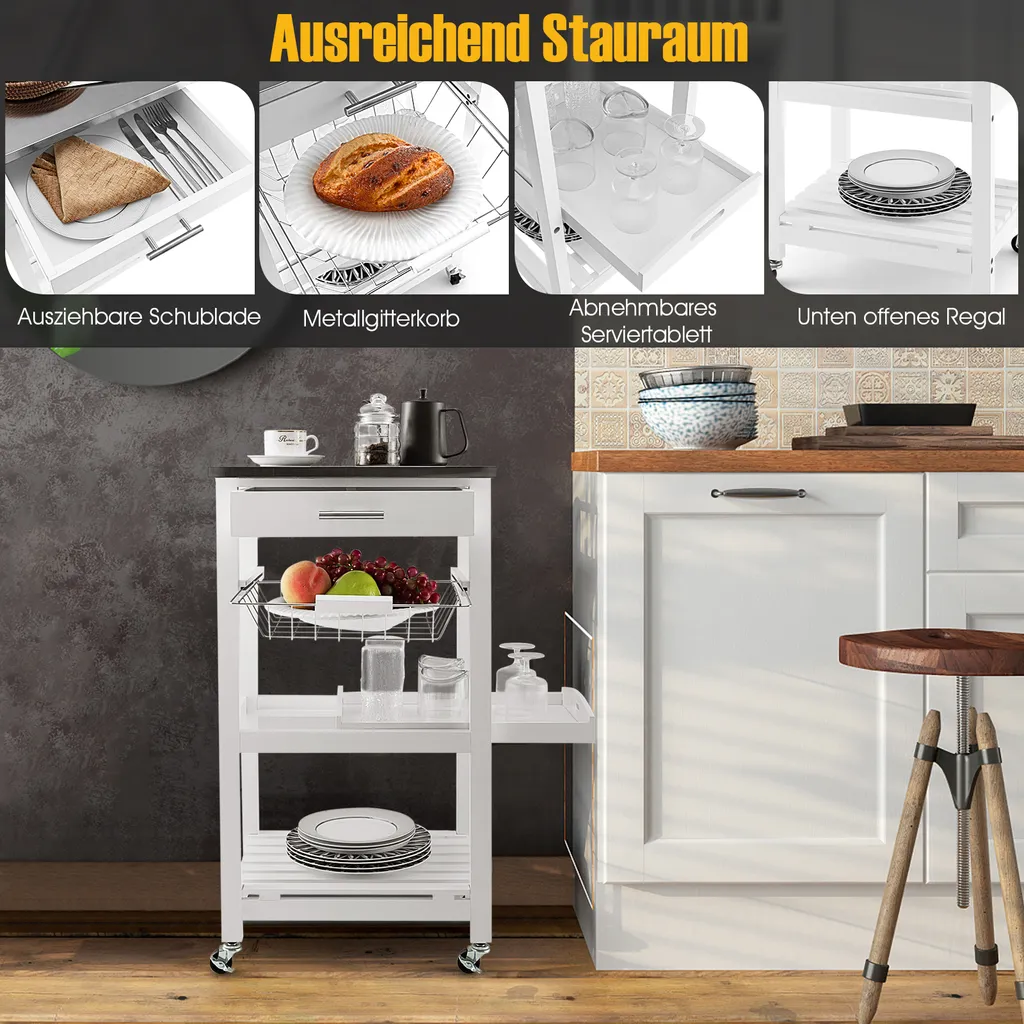 COSTWAY Kleiner Küchenwagen, Servierwagen Auf Rollen, Arbeitsplatte Aus Edelstahl, Schublade, Korb & Abnehmbarem Serviertablett, Rollwagen Kücheninsel, Küchentrolley Landhausstil Weiß, 47x39x85cm – Bild 4