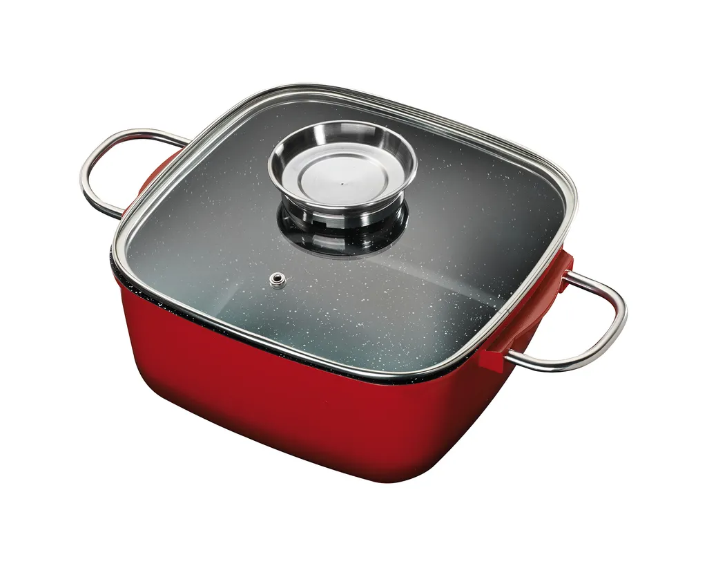 24x24cm KING® Bräter Aluguss Mit Glasdeckel Und Aromaknopf / Farbe: Rot / Keramikbeschichtung Innen: FUSION®