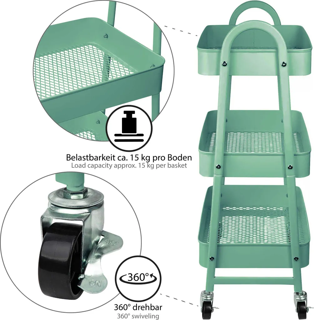 ONVAYA® Servierwagen Silvio | Beistellwagen | Mint | 30,5 X 45 X 77 Cm | 3 Fächer | Multifunktionswagen | Transportwagen | Allzweckwagen | Küchentrolley | Nischenregal – Bild 2