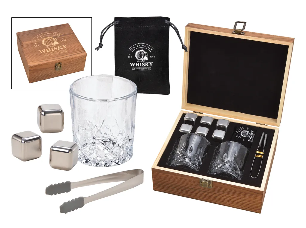 Whisky Geschenk-Set Mit 2 Gläsern, Eiswürfeln Aus Edelstahl, Zange, Samtbeutel In Einer Schönen Holzbox