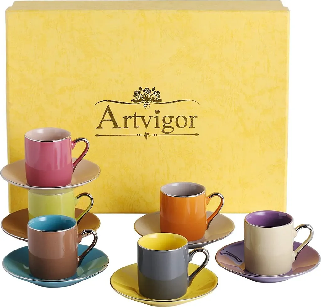 Artvigor, Porzellan Kaffeeservice, Bunt 12 Teilig Kaffee Set, Mit 6 Espressotassen 80 Ml, 6 Untertassen, Mehrfarbig