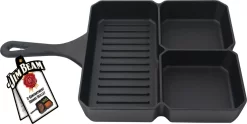 Jim Beam Grillpfanne Gusseisen - Bratpfanne Mit 3 Fächern - Steakpfanne Gusseisern Induktion Eckig