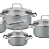 GSW Kochtopf-Set Magic Color 7 Tlg. Grau, Edelstahl Rostfrei 18/8, Glas, Kochtopf Mit Glasdeckel ø Ca. 16 X H 7,5cm / ø Ca. 20 X H 9,5cm / ø Ca. 24 X H 11,5cm / Stielkasserolle ø Ca. 16 X H 7,5cm