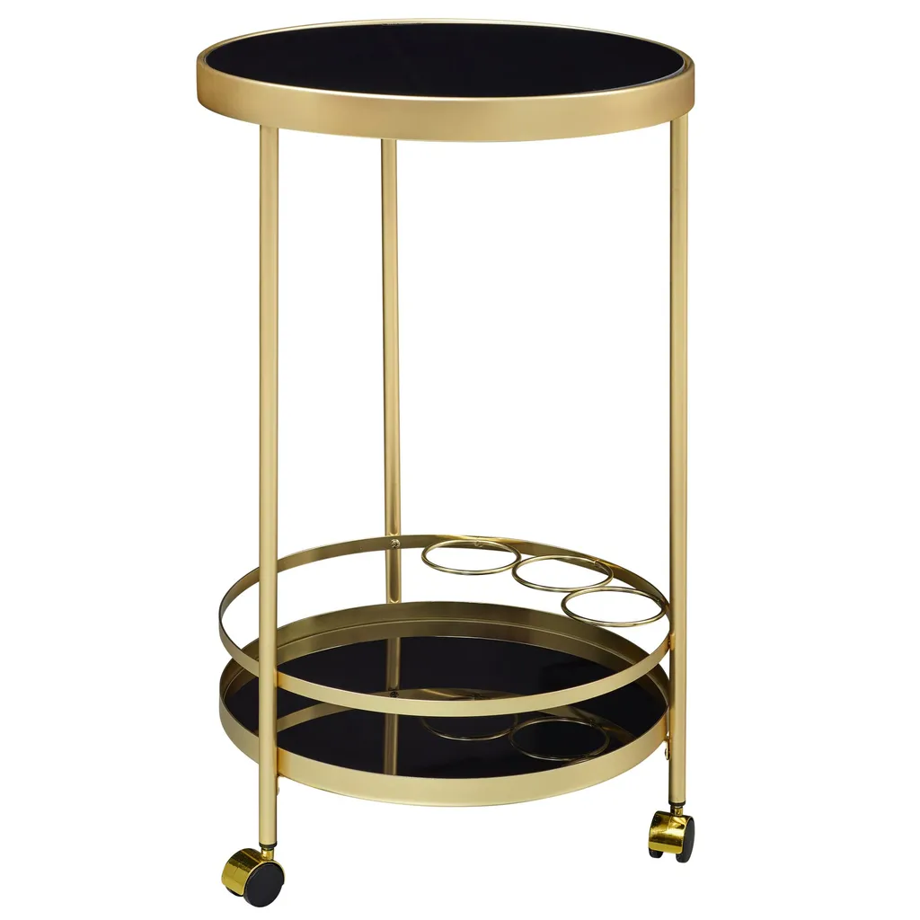WOHNLING Design Servierwagen Gold Rund Ø 45cm 2 Ebenen | Beistelltisch Auf Rollen Mit Glasplatte Schwarz Speisewagen | Küchenwagen | Teewagen – Bild 6