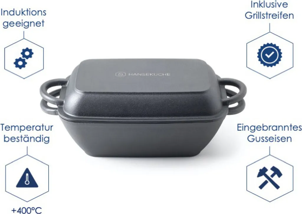 Hanseküche Gusseisen Bräter – Bereits Eingebrannter Gusseisen Topf 2in1 Mit Deckel, Gusseisenpfanne, Brotbackform Zum Brotbacken, Hochwertige Grillpfanne – Bild 4