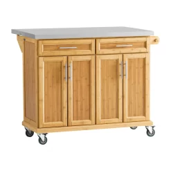 SoBuy FKW69-N Kücheninsel Küchenwagen Mit Erweiterbarer Edelstahlarbeitsplatte Küchenschrank Servierwagen Bambus BHT Ca.: 115x92x46-71cm