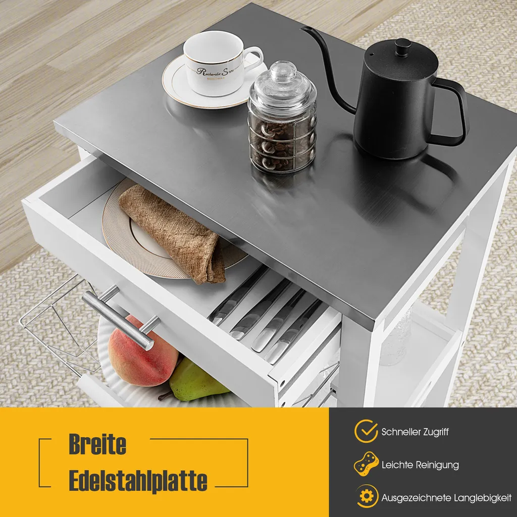 COSTWAY Kleiner Küchenwagen, Servierwagen Auf Rollen, Arbeitsplatte Aus Edelstahl, Schublade, Korb & Abnehmbarem Serviertablett, Rollwagen Kücheninsel, Küchentrolley Landhausstil Weiß, 47x39x85cm – Bild 5
