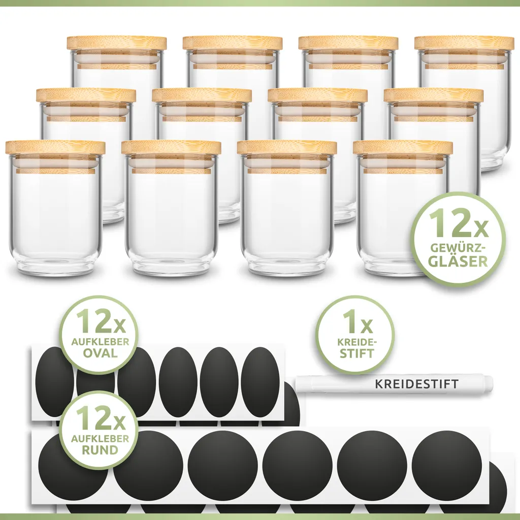 PORADA 12 Stapelbare Gewürzgläser Set 150ml Glasbehälter Mit Deckel Aufbewahrung Küche Gewürzdosen Vorratsdosen Glas Mit Deckel Aufbewahrungsgläser Küchenorganisation Aufbewahrung… – Bild 6