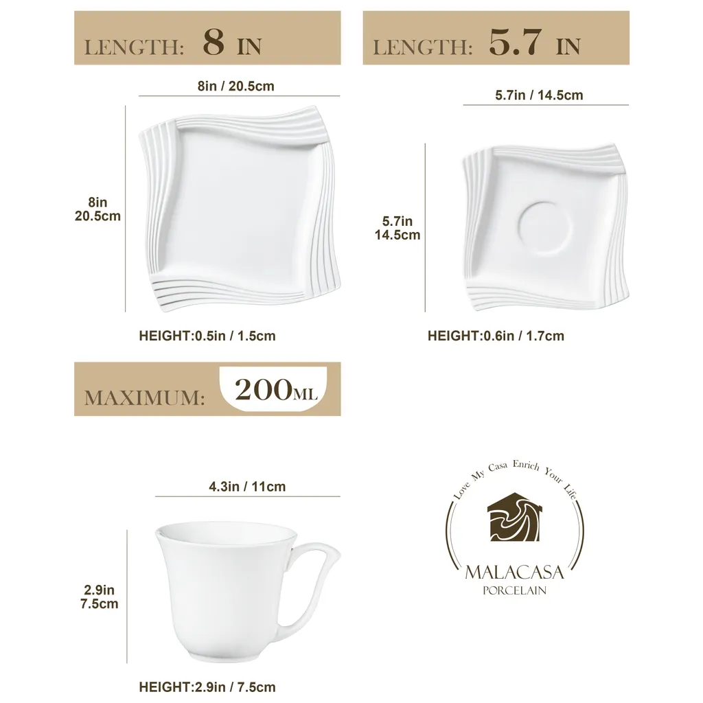 MALACASA, Serie Amparo, 36 Teilig Set Cremeweiß Porzellan Kaffeeservice Dessertteller Kaffeetasse Mit Untertasse – Bild 2