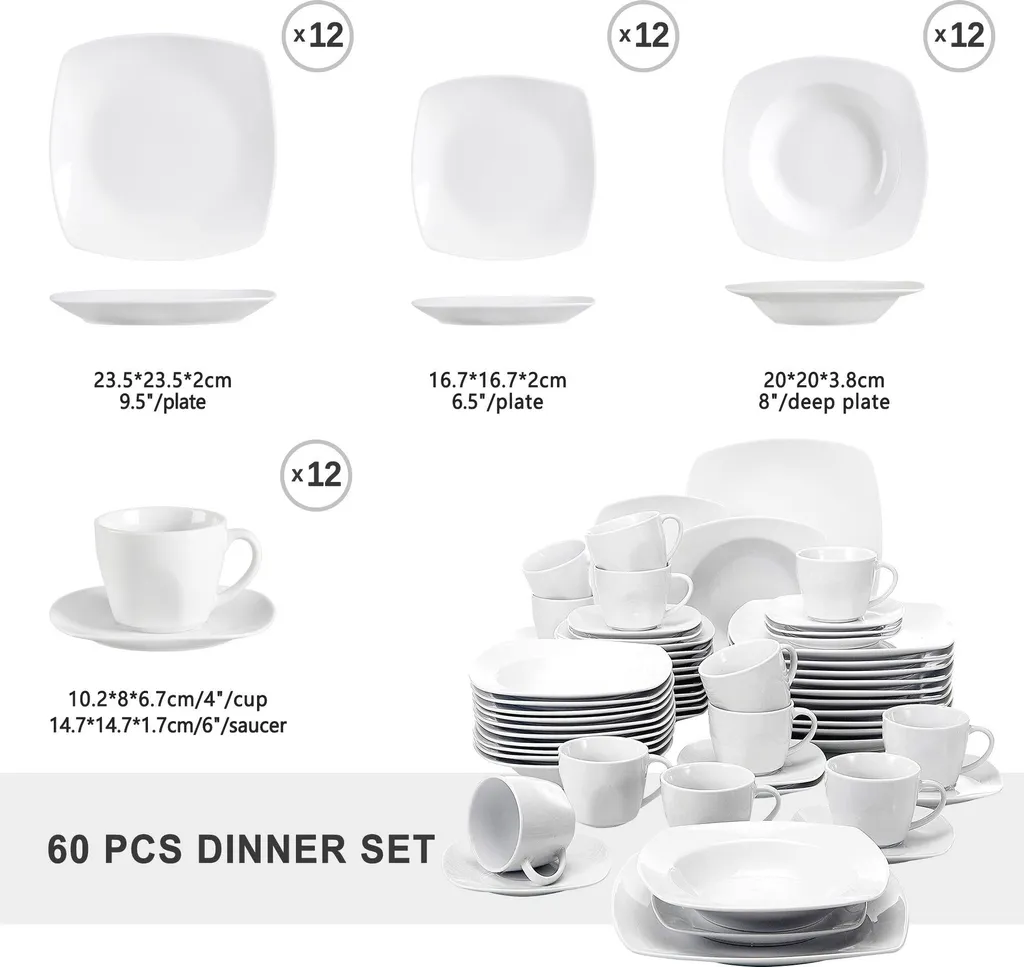 Malacasa Serie Julia, Tafelservice 60-teilig Kombiservice Porzellan Geschirrset Mit Kaffeetassen, Unterteller, Kuchenteller, Suppenteller Und Flachteller, Kaffeeservice Für 12 Personen – Bild 2