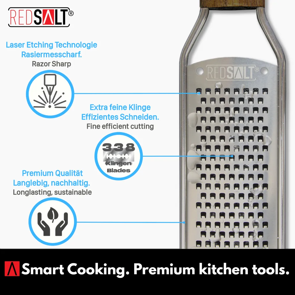 REDSALT® Premium Zester Edelstahl Reibe Mit Holzgriff | Rasiermesserscharfe Klinge | Küchenreibe Für Zitrone Ingwer Muskatnuss | Parmesanreibe Ingwerreibe Zitronenreibe Käsereibe – Bild 3