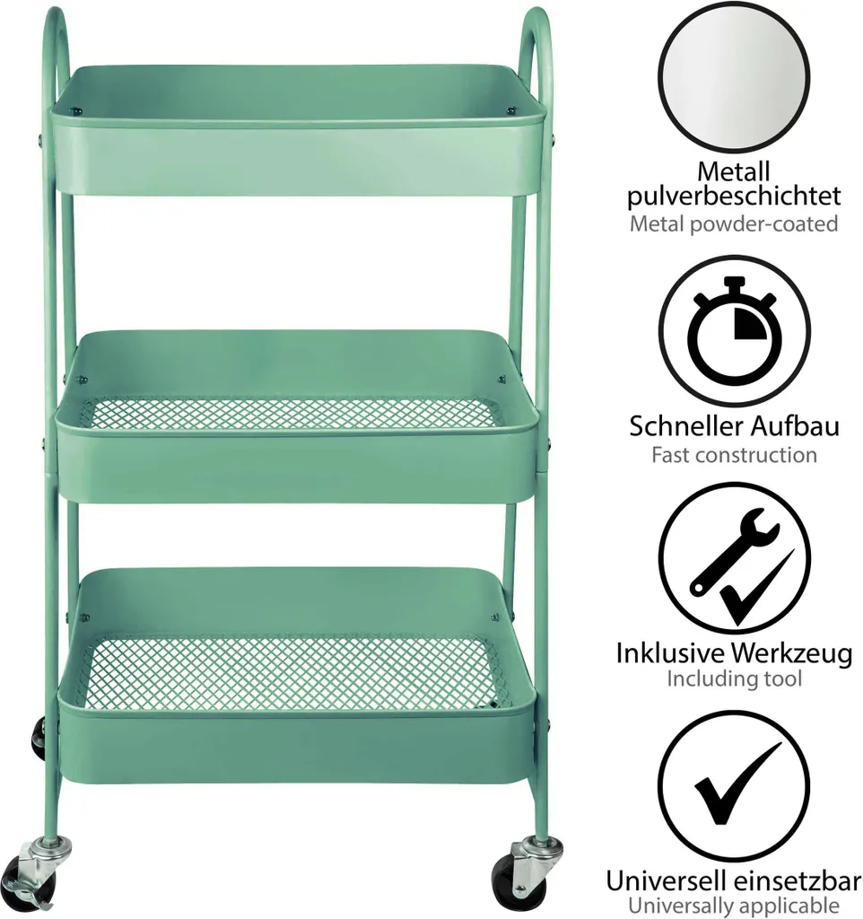 ONVAYA® Servierwagen Silvio | Beistellwagen | Mint | 30,5 X 45 X 77 Cm | 3 Fächer | Multifunktionswagen | Transportwagen | Allzweckwagen | Küchentrolley | Nischenregal – Bild 3