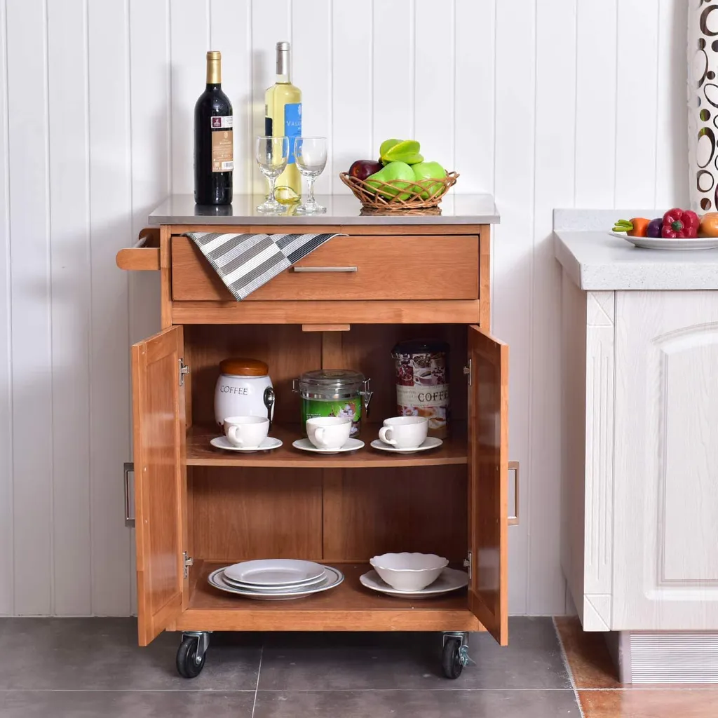 COSTWAY Küchenwagen Mit Schublade, Kücheninsel Mit Handtuchhalter, Küchenschrank Rollbar, Servierwagen Aus Holz, Kücheninselwagen, Mikrowellenwagen, Sideboard Naturholz – Bild 2