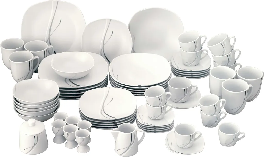 Van Well Kombiservice Silver Night 62-tlg 6 Personen, Tafel + Kaffee + Zubehör, Linien-Dekor – Bild 2