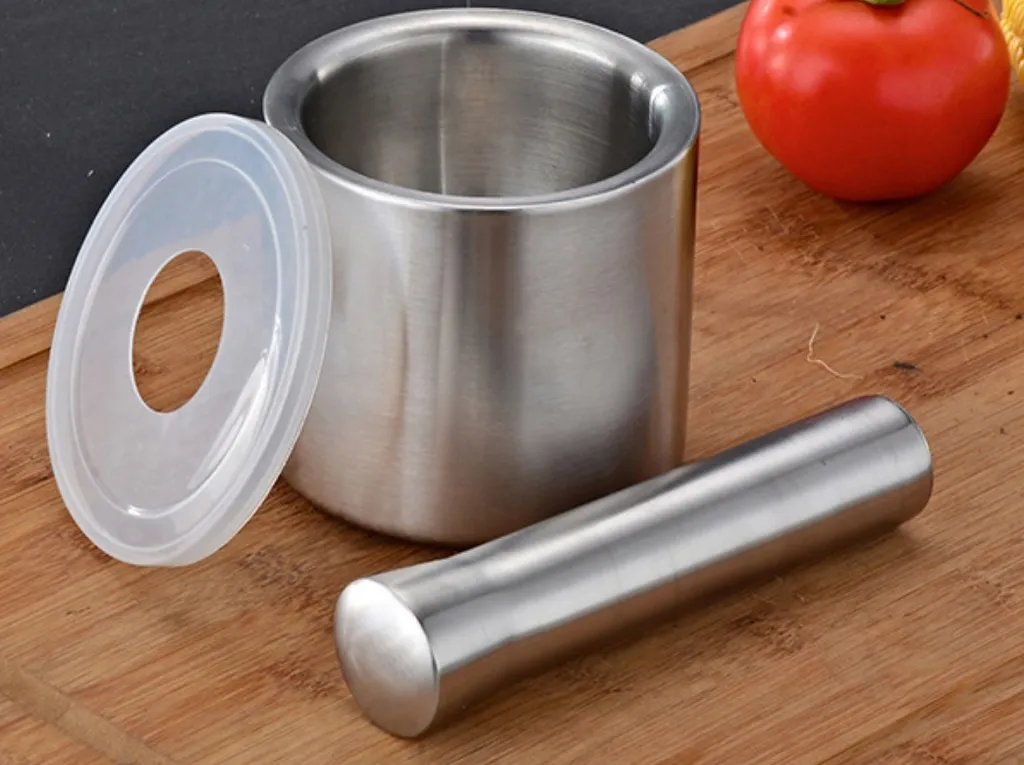 2er Set BAYLI Edelstahl Mörser Mit Stößel & Deckel - Massiver Gewürzmörser Für Die Küche - Bruchfeste Kräutermühle - Gewürzmühle Für Kräuter Und Gewürze - Tabletten Zerkleiner - Tablettenmörser – Bild 5