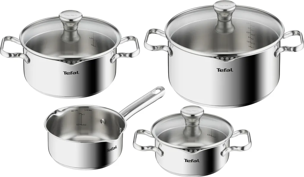 Tefal Duetto Kochgeschirr, 7-Teiliges Set, Stielkasserolle 16 Cm, Kochtöpfe 16/20/24 Cm + Deckel