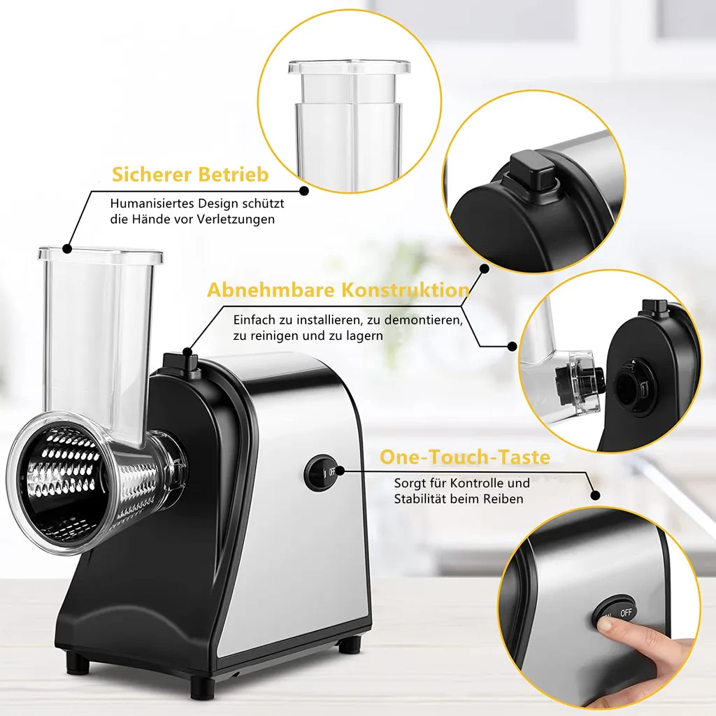 5 In 1 Elektrischer Gemüsehobel, 250W Automatische Gemüsereibe Mit 5 Kegel-Klingen, Edelstahl Gemüseschneider, Multifunktionsreibe Gemüse Raspel Für Obst Gemüse – Bild 7