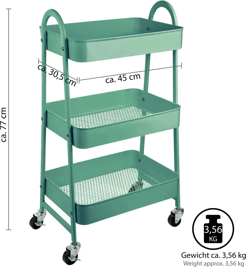 ONVAYA® Servierwagen Silvio | Beistellwagen | Mint | 30,5 X 45 X 77 Cm | 3 Fächer | Multifunktionswagen | Transportwagen | Allzweckwagen | Küchentrolley | Nischenregal – Bild 4