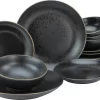 CreaTable 22707 Tafelservice Industrial Gold BLACK Für 4 Personen, Steinzeug, Schwarz (1 Set, 12-teilig)