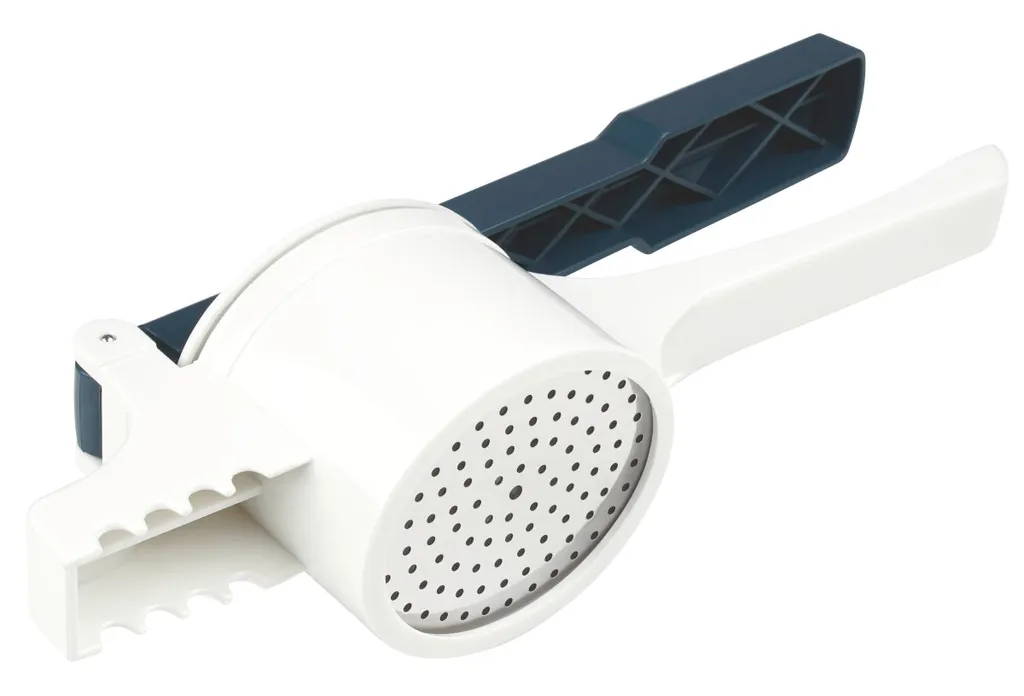 Fackelmann Spätzlepresse Easyprepare, Kortoffelpresse Mit 3 Austauschbaren Lochscheiben, Presse Mit 4 Verschiedenen Auflagehaken, Hochwetiger Kartoffelstampfer (Farbe: Weiß / Blau-Grau), 1 X 4 Teile – Bild 4