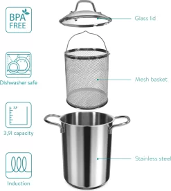 Navaris Spargeltopf Kochtopf Nudeltopf 3,9l - Topf Zum Kochen Von Spargel Oder Spaghetti - Aus Edelstahl Mit Siebeinsatz - BPA-frei Spülmaschinenfest