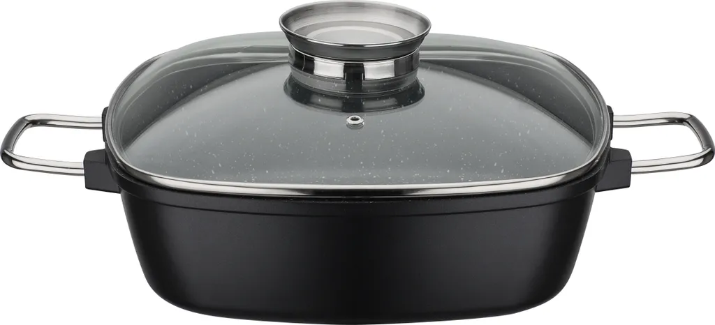 GSW Viereckbräter Gourmet GRANIT 28 X 28 X 8,5 Cm , Aluminium, Edelstahl, Glas, Viereckbräter Mit Aroma-Glasdeckel ø Ca. 28 X 28 X H 8,5cm