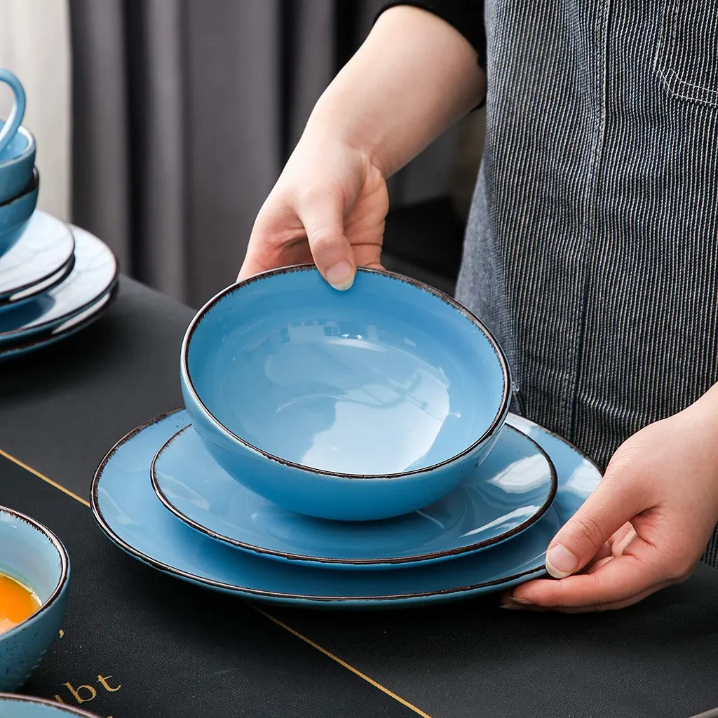 Vancasso Serie Navia Oceano, 16 Teilig Essservice Set Aus Steingut, Tafeiservice Für 4 Personen, Wasserblau, Vintage Aussehen, Natur Design – Bild 9