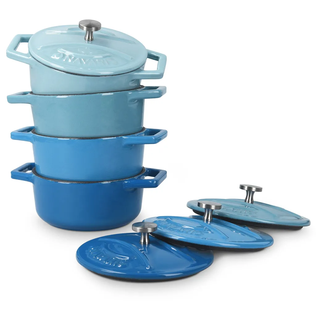 Navaris Mini Cocotte Topf Set - 4x Bratentopf Klein Mit Deckel - 10,5cm Bräter Brattopf Gusseisen Ofenfest - Braeter Pot Rund Schmortopf