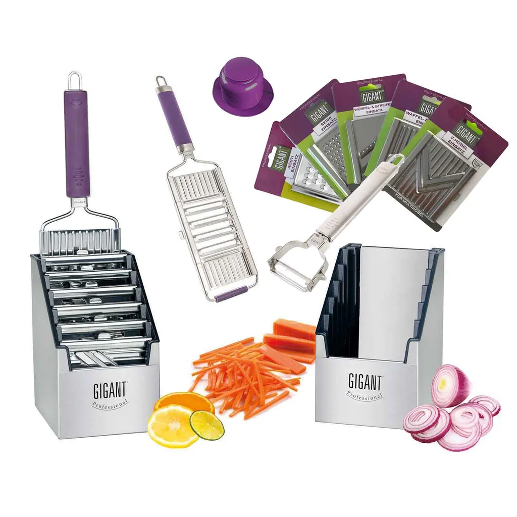 Muxel Gemüse-Hobel (Vierfachhobel) Mega-Set Mit 5 Zusätzlichen Einsätzen In Der Praktischen Multi-Box, Lila